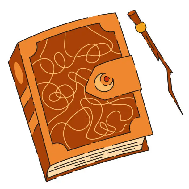 Vector illustration of Witchcraft book with spells decorated and magic wand cartoon drawing of magic book