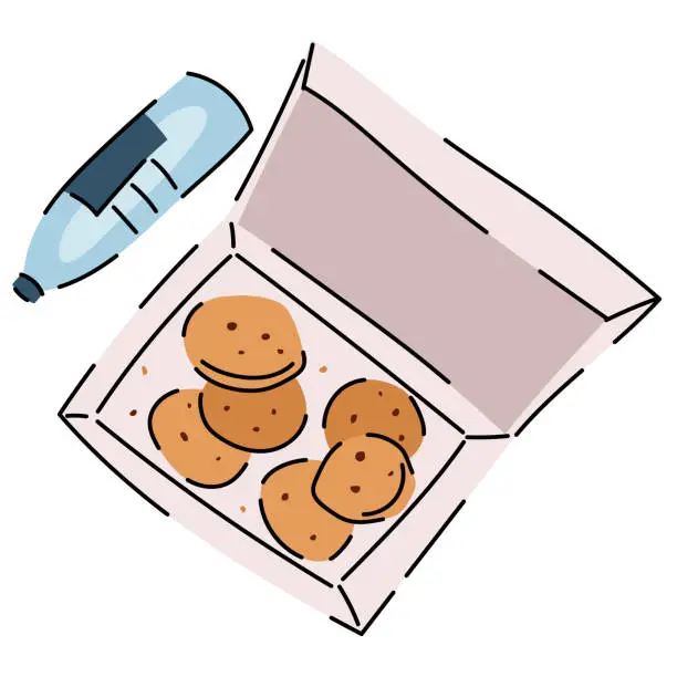 Vector illustration of Choco chip cookie box and bottle of water snacks