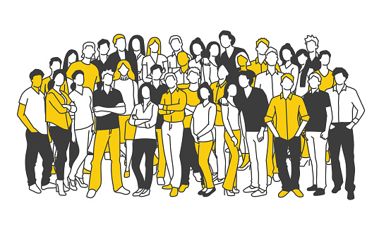 Diverse group of people standing together. Society or population, social diversity. Hand drawn vector illustration.
