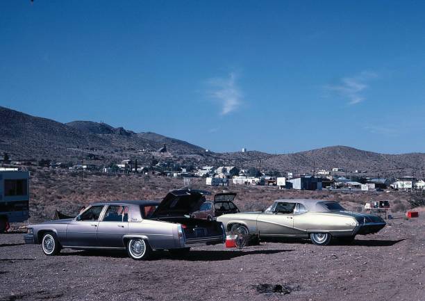 Classic cars parked in a desert town in the USA