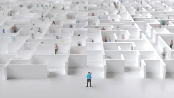 Man standing in a labyrinth, in which crowd of people. 3D generated image.