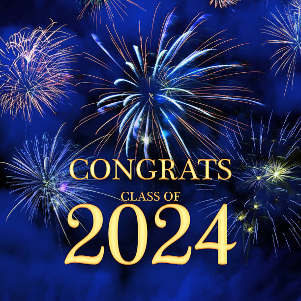 CONGRATS CLASS of 2024 lettering with beautiful fireworks