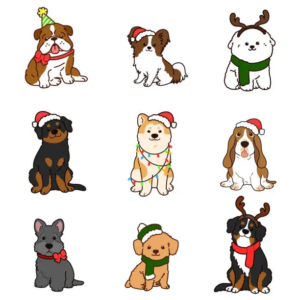 Vector illustration of Simple and cute Christmas illustrations with adorable dogs with outlines