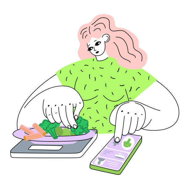 여자는 칼로리를 계산합니다 - teen obesity stock illustrations