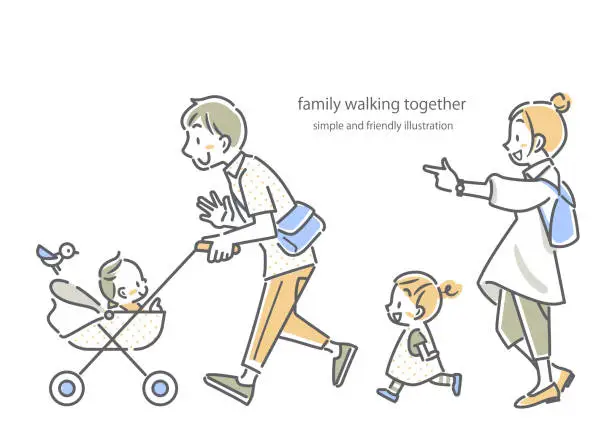 Vector illustration of family walking together, simple and friendly illustration
