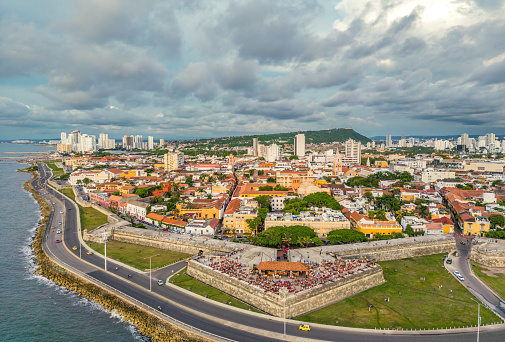 Aerial view of historic walled city of Cartagena, Colombia and waterfront.