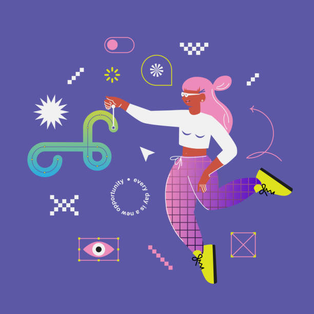 nhà thiết kế, họa sĩ minh họa, nhà thiết kế ui ux, game thủ. đội hình trong mơ y2k. phương tiện truyền thông xã hội. thiết kế phẳng. sóng mạng. sóng hơi. thẩm mỹ zine. rung cảm retro. chuyên gia cntt, quả - graphic designer hình minh họa sẵn có