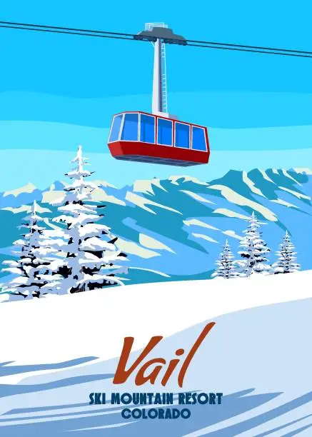 Vector illustration of Vail Ski Travel resort poster vintage. Colorado USA winter landscape travel card