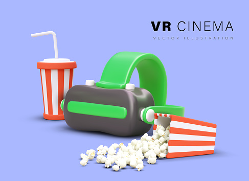 VR cinema. Composition of 3D vector elements. Color advertising poster. Concept of films in augmented reality. Latest entertainment technologies. Sweet drinks, tasty snacks