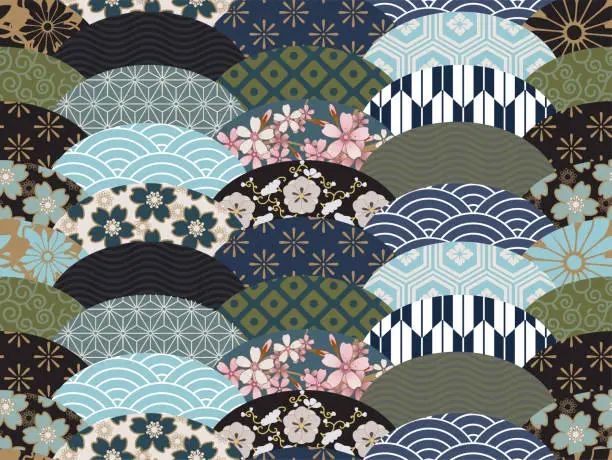 Vector illustration of Japanese pattern collage. Textile patchwork design with floral and geometric elements. Traditional ethnic seamless background.