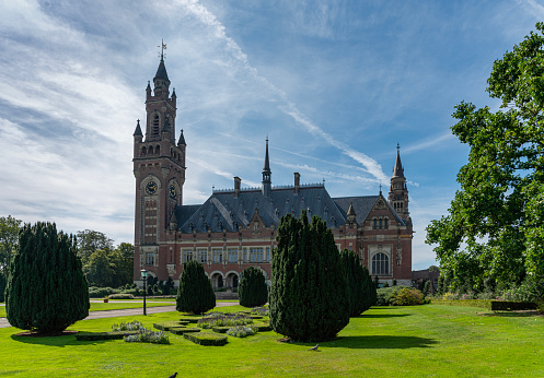 The Peace Palace, an international law administrative building and home of the International Court of Justice, in The Hague, Netherlands.