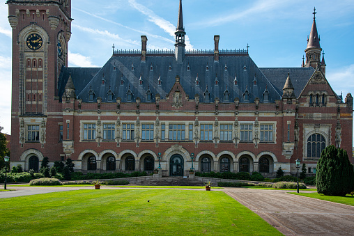 The Peace Palace, an international law administrative building and home of the International Court of Justice, in The Hague, Netherlands.