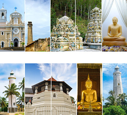 Architectural sights of Sri Lanka: lighthouses, temples, fort. Collage.