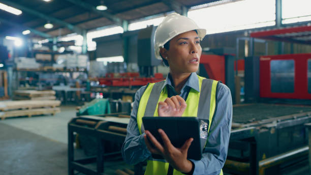 istock Business, engineering and woman with a tablet, thinking and safety with connection, ideas and website info. Person, worker or electrician with tech, problem solving or search internet with solution 1676137816