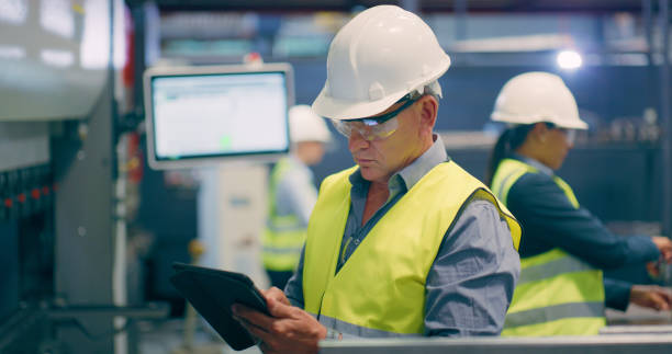 istock Man, tablet and production in factory for manufacturing process, supply chain and development. Engineering manager check inspection on digital technology for warehouse logistics, planning or progress 1676138895