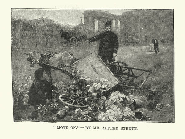 istock Police officer telling man with broken cart to move on, Victorian Art 1890s, after Alfred Strutt 1676140429