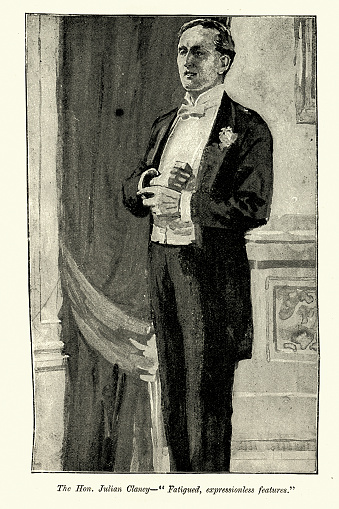 Vintage illustration Upper class Victorian English man in evening suit, Victorian Fashion 1890s, 19th Century. Character from the novel My Flirtations by Margaret Wynman