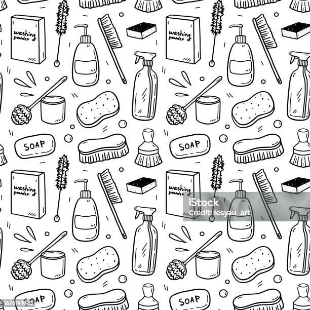 Seamless pattern with bath accessories - shampoo, rubber duck, loofah,  soap, cream, towel, toothpaste, toothbrush. Vector hand-drawn illustration  in doodle style. Perfect for print, wrapping paper. 10838704 Vector Art at  Vecteezy