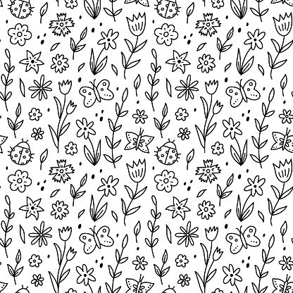 Cute seamless pattern with butterflies, ladybugs, spring flowers and leaves. Vector hand-drawn doodle illustration. Perfect for holiday designs, print, decorations, wrapping paper, wallpaper.