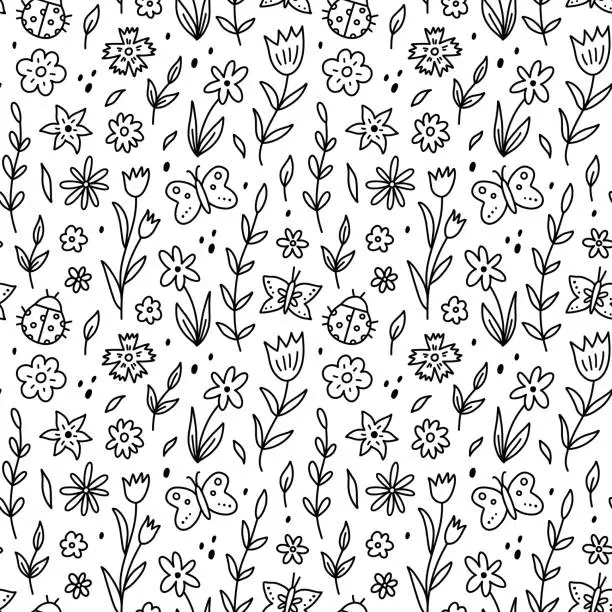 Vector illustration of Cute seamless pattern with butterflies, ladybugs, spring flowers and leaves. Vector hand-drawn doodle illustration. Perfect for holiday designs, print, decorations, wrapping paper, wallpaper.