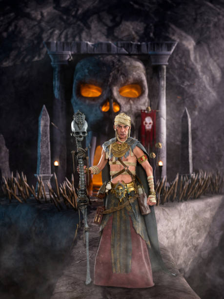 istock Fantasy necromancer or black magic sorcerer standing on a stone bridge to a cave with carved skull entrance high in a mountain. 3D rendering. 1676143450