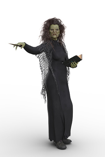 Old hag witch standing with spell book in one hand and magic wand in the other. Isolated 3d rendering.