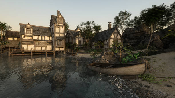 istock Rowing boat in a small port at an old medieval seaside town. 3D illustration. 1676144001