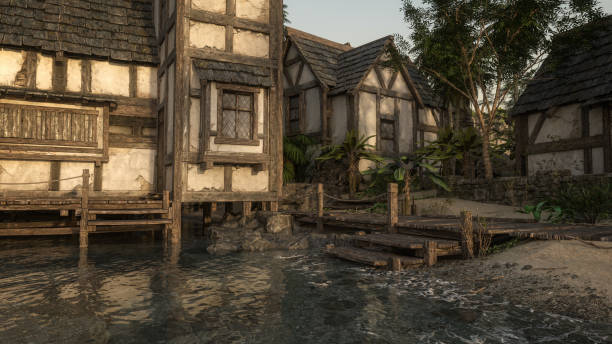 istock Old timber framed buildings by the shore in a medieval port town; 3D rendering.. 1676144009