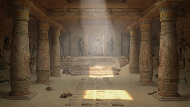 istock Ancient Egyptian temple ruin interior with decorated columns and steps leading to a doorway and golden statues. 3D rendering. 1676144020