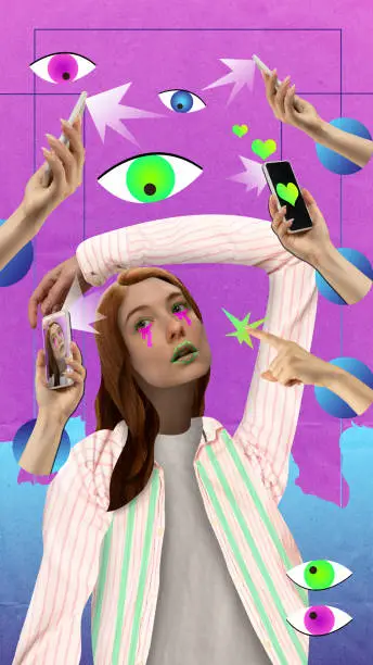 Photo of Banner. Poster. Contemporary art collage. Creative composite image of pretty young lady surrounded cameras, phones and people views. Teen problems concept.