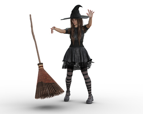 silhouette of a girl in a witch hat holding a decorative bat for halloween 3d-rendering.