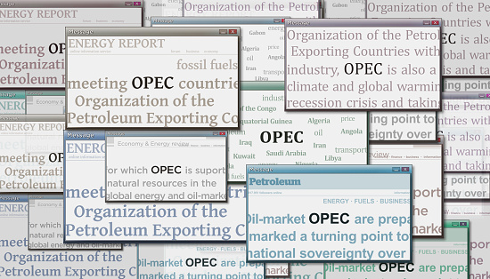 OPEC Organization Petroleum Exporting Countries oil producing export association headline across international media. Abstract concept news titles noise displays. TV glitch effect 3d illustration.