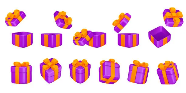 Vector illustration of Set of violet gift boxes with orange ribbons and bows, isolated.