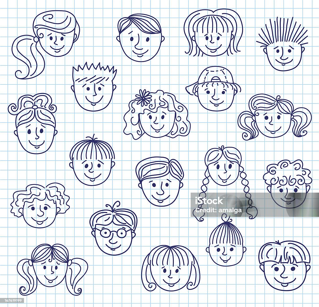 Ñhildren doodle faces Set of smiley children faces. Doodle style illustration on a squared paper. Vector. Adult stock vector