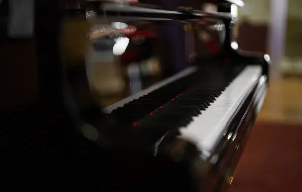 Photo of Close-up view of royal grand piano keys.
