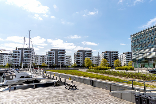 Modern area of the city with residential buildings. Real estate investment. Expensive housing. Copenhagen, Denmark - September 10, 2023.