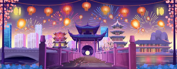 Vector illustration of Entrance on the chinese bridge in perspective at night. Big Panorama chinese street with old houses, chinese arch, lanterns and a garland annd chinese dragon, symbol of 2024. zodiac symbol