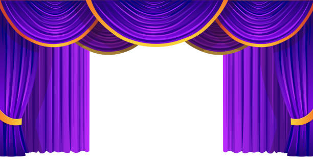 illustrazioni stock, clip art, cartoni animati e icone di tendenza di tende del teatro viola. tende colorate con lambrequin. vettore. - theatrical performance stage theater broadway curtain