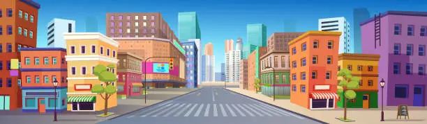 Vector illustration of Panorama city with shops,  building, crossing,  mall  and traffic light .Vector illustration in flat style.