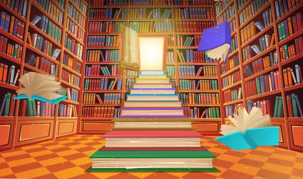 Vector illustration of Library book shelves cartoon vector illustration. Stairs made of books with an open door in the form of a book. Large stack of books.