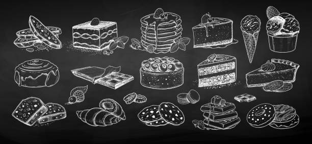 Chalk sketch vector illustration set of desserts Chalk sketch vector illustration set of desserts and bakery on chalkboard background chocolate chip cookie drawing stock illustrations