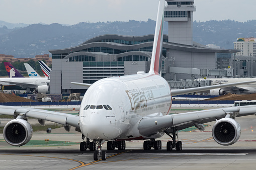 City of Los Angeles, California, United States: Emirates Airbus A380 shown taxiing on 25L at LAX, Los Angeles International airport, in preparation for departure.