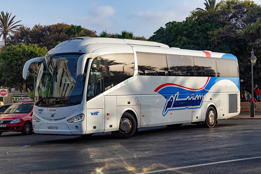bribie island, Australia – January 21, 2021: a bus parked at shopping centre bus stop on sunny day