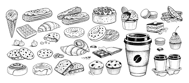 Sketch icons vintage vector illustrations collection of bakery and takeaway coffee