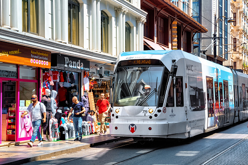 Istanbul, Turkey - July 05, 2018: View of the modern Bombardier Flexity Swift A32 tram in center of the Istanbul.