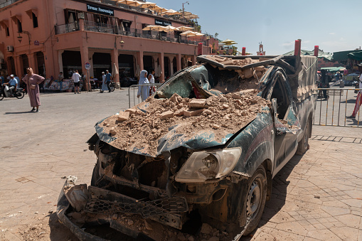 Rubble from the minaret of a mosque in Jemaa El-Fna square crushed this truck after a 6.8 magnitude earthquake destroyed parts of Marrakesh, Morocco.