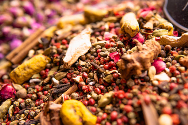 Close up on various herbal teas at Egyptian Bazaar in Istanbul