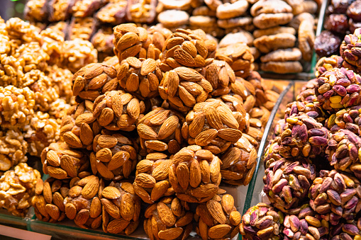 Desserts with nuts at the Spice Bazaar in Istanbul,Turkey