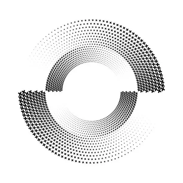 Vector illustration of Two concentric orbits of two fading semi circle sections made of plus shapes