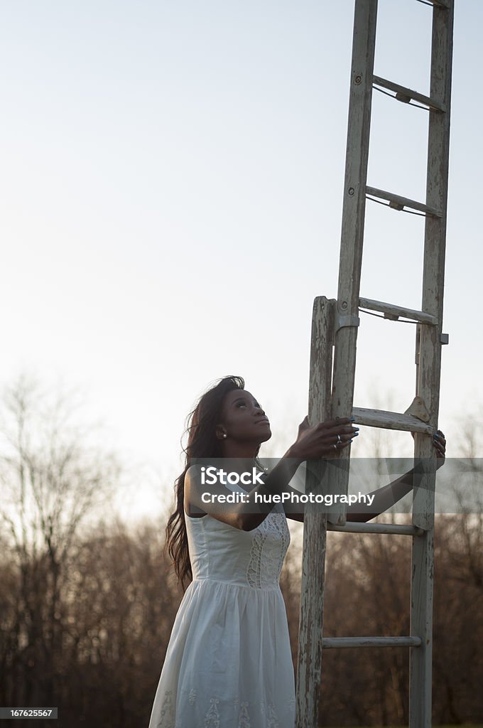 Woman Climbing Ladder Young african-american woman escaping a desolate landscape by climbing old antique ladder into a blue sky. Adult Stock Photo